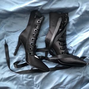 Black satin lace up boot heels
